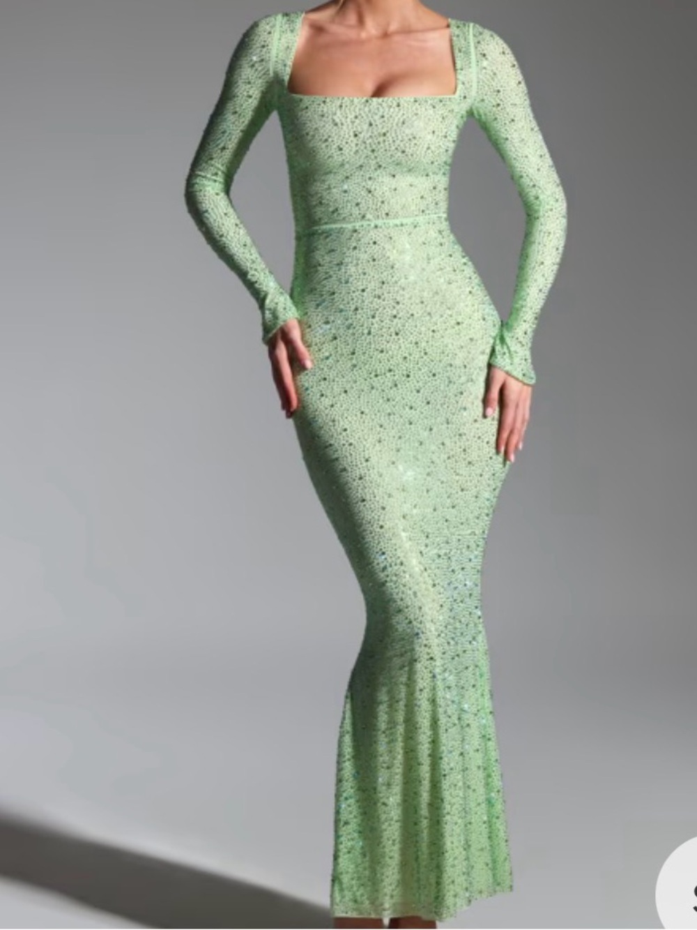 Oh Polly Pistachio Green Long-Sleeve Square-Neck Sequin Gown